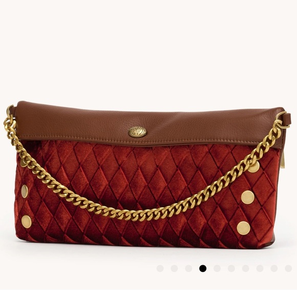 Hammitt Invitation Monarch Velvet Clutch Red Antique Gold Chain NWT Leather Trim - Picture 3 of 4
